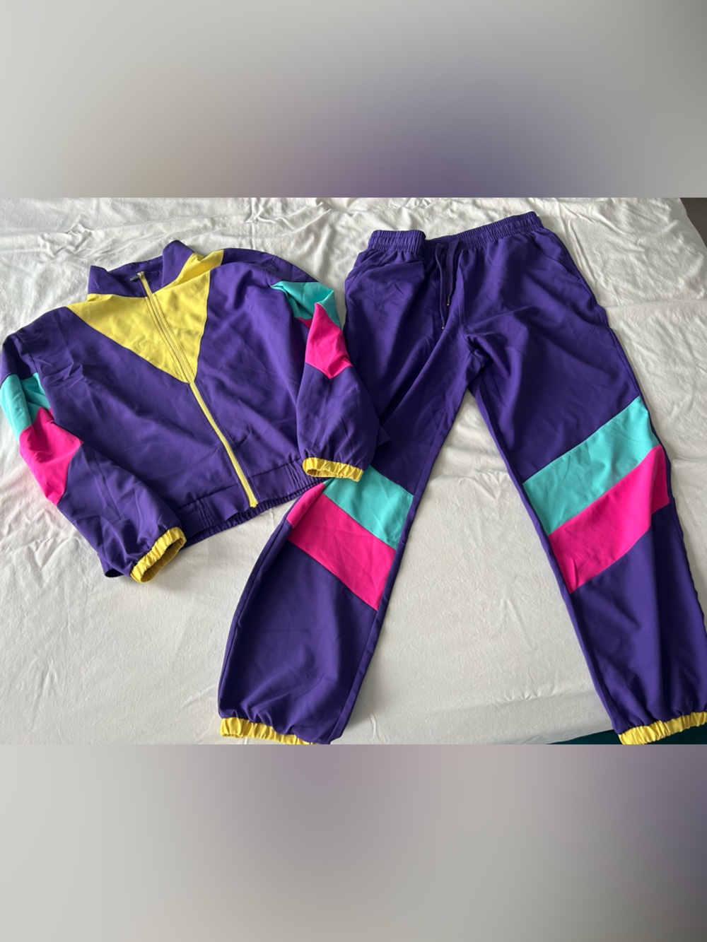 Vibrant Purple Retro Colorblock Tracksuit with Pink & Teal Accents